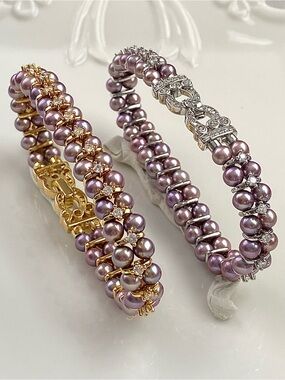 B191-Premium Round Double Layer Purple Freshwater Pearl Bracelets